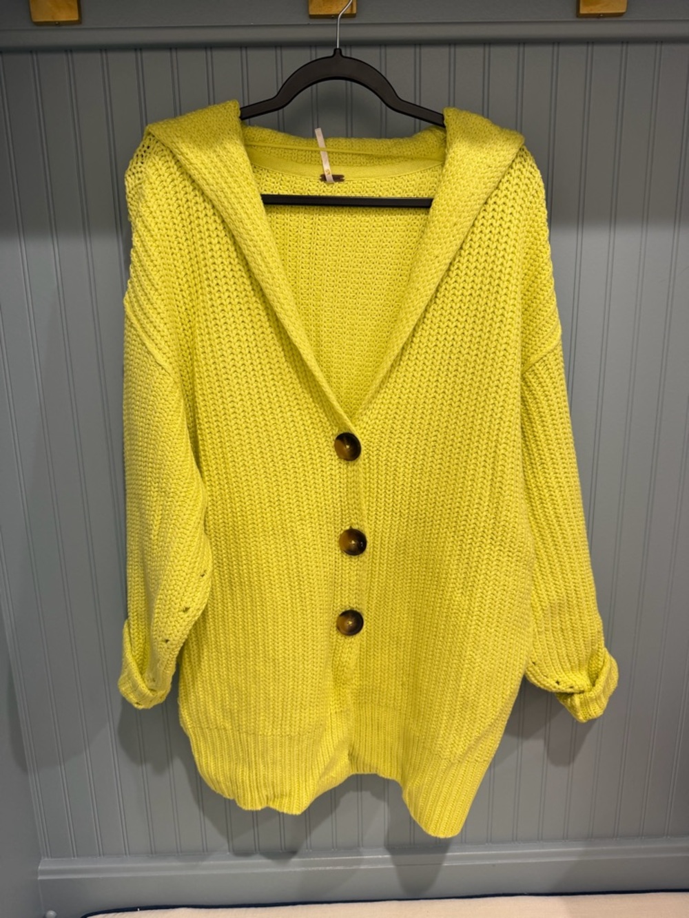 Free People Yellow Hooded Chunky Knit Cardigan Sweater